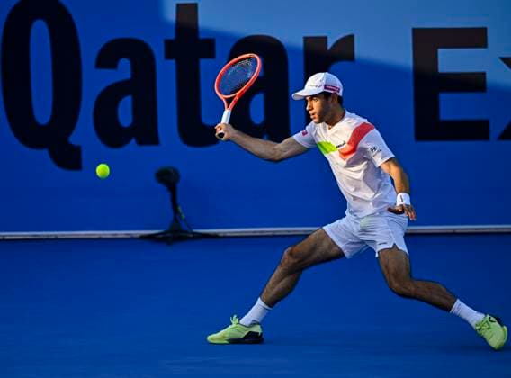 ATP, Tennis Herren QATAR EXXONMOBIL OPEN ROUND OF 16 Nuno Borges of Portugal competes in her round of 16 match against Andrey Rubble during the ATP Qatar ExxonMobil Open 2025 tennis tournament at the Khalifa International Tennis Complex in Doha, Qatar, on February 19, 2025. DOHA Qatar Copyright: xNOUSHADx