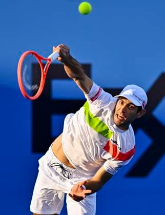 ATP, Tennis Herren QATAR EXXONMOBIL OPEN ROUND OF 16 Nuno Borges of Portugal competes in her round of 16 match against Andrey Rubble during the ATP Qatar ExxonMobil Open 2025 tennis tournament at the Khalifa International Tennis Complex in Doha, Qatar, on February 19, 2025. DOHA Qatar Copyright: xNOUSHADx