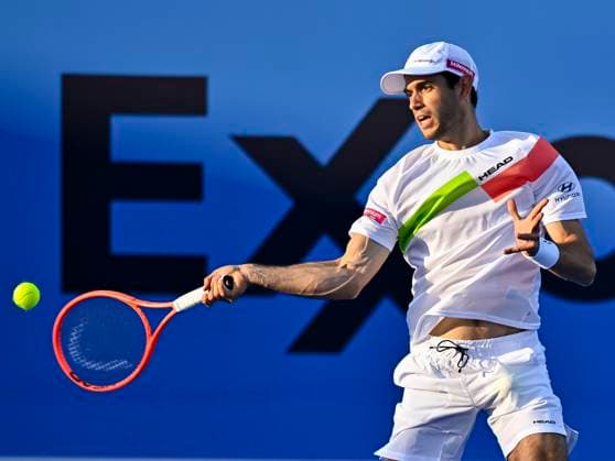 ATP, Tennis Herren QATAR EXXONMOBIL OPEN ROUND OF 16 Nuno Borges of Portugal competes in her round of 16 match against Andrey Rubble during the ATP Qatar ExxonMobil Open 2025 tennis tournament at the Khalifa International Tennis Complex in Doha, Qatar, on February 19, 2025. DOHA Qatar Copyright: xNOUSHADx