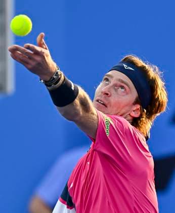 ATP, Tennis Herren QATAR EXXONMOBIL OPEN ROUND OF 16 Andrey Rubble competes in her round of 16 match against Nuno Borges of Portugal during the ATP Qatar ExxonMobil Open 2025 tennis tournament at the Khalifa International Tennis Complex in Doha, Qatar, on February 19, 2025. DOHA Qatar Copyright: xNOUSHADx