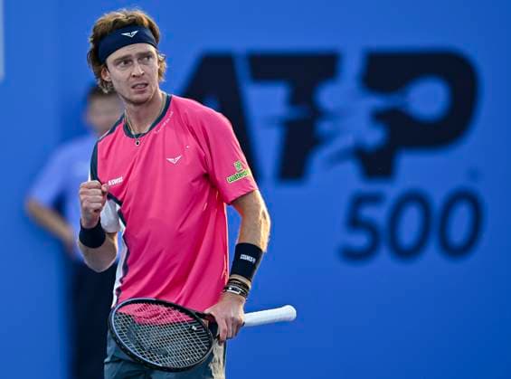 ATP, Tennis Herren QATAR EXXONMOBIL OPEN ROUND OF 16 Andrey Rubble competes in her round of 16 match against Nuno Borges of Portugal during the ATP Qatar ExxonMobil Open 2025 tennis tournament at the Khalifa International Tennis Complex in Doha, Qatar, on February 19, 2025. DOHA Qatar Copyright: xNOUSHADx