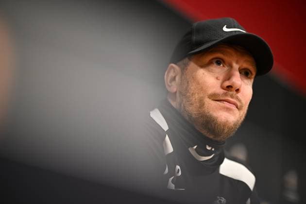 Union s head coach Sebastien Pocognoli pictured during a press conference, PK, Pressekonferenz of Belgian soccer team Royale Union Saint-Gilloise, on in Amsterdam, the Netherlands. Tomorrow the team is playing against Dutch AFC Ajax, in the return leg of the Knockout phase play-offs of the UEFA Europa League competition. JASPERxJACOBS  x112776222x