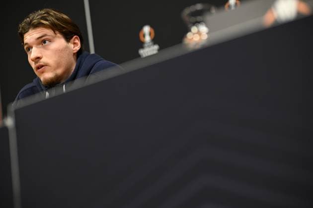 Union s Fedde Leysen pictured during a press conference, PK, Pressekonferenz of Belgian soccer team Royale Union Saint-Gilloise, on in Amsterdam, the Netherlands. Tomorrow the team is playing against Dutch AFC Ajax, in the return leg of the Knockout phase play-offs of the UEFA Europa League competition. JASPERxJACOBS  x112776231x