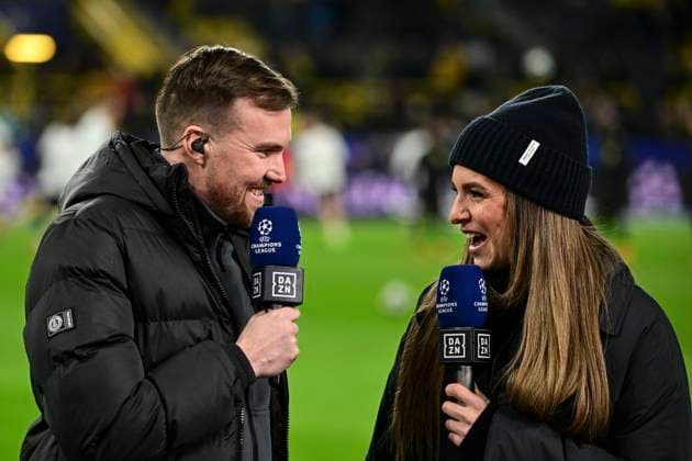 Laura Wontorra and Kevin Grosskreutz, Borussia Dortmund vs Sporting Clube de Portugal Lisbon , Football, Champions League, Playoffs, 19 02 2025 Dortmund Nordrhein Westfalen Germany Copyright: xkolbert-press MarcxNiemeyerx