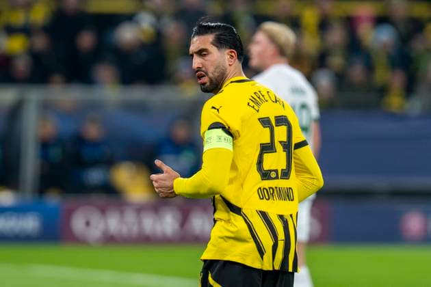 19.02.2025, Borussia Dortmund vs. Sporting Lissabon, UEFA Champions League, Playoff-Rückspiel Dortmunds Emre Can reagiert. Wichtiger Hinweis: Gemaess den Vorgaben der UEFA ist es untersagt, in dem Stadion und oder vom Spiel angefertigte Fotoaufnahmen in Form von Sequenzbildern und oder videoaehnlichen Fotostrecken zu verwerten bzw. verwerten zu lassen. Copyright: xBahhoxKarax
