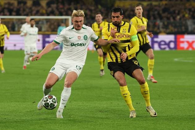 Dortmund on February 19, 2025 Uefa Champions League Knockout phase play offs, 2st leg Borussia Dortmund Sporting Clube de Portugal v l , Conrad Harder Sporting Clube de Portugal , Emre Can Borussia Dortmund , Duel, Action, Action, Battles for the Ball Copyright: JoaquimxFerreira