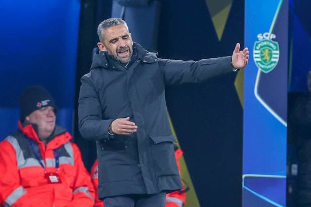 19 02 2025, Football, UEFA Champions League, Borussia Dortmund Sporting Lisbon, Signal Iduna Park, Knockout phase play offs, 2024 2025 season Head coach Rui Borges Sporting gesticulating on the sidelines North Rhine-Westphalia Germany