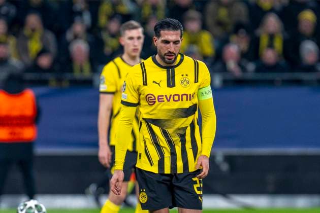 19.02.2025, Borussia Dortmund vs. Sporting Lissabon, UEFA Champions League, Playoff-Rückspiel Dortmunds Emre Can schaut. Wichtiger Hinweis: Gemaess den Vorgaben der UEFA ist es untersagt, in dem Stadion und oder vom Spiel angefertigte Fotoaufnahmen in Form von Sequenzbildern und oder videoaehnlichen Fotostrecken zu verwerten bzw. verwerten zu lassen. Copyright: xBahhoxKarax
