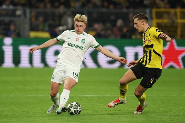 Dortmund on February 19, 2025 Uefa Champions League Knockout phase play offs, 2st leg Borussia Dortmund Sporting Clube de Portugal v l , Conrad Harder Sporting Clube de Portugal , Nico Schlotterbeck Borussia Dortmund Zweikampf, Action, Aktion, Battles for the Ball Copyright: JoaquimxFerreira