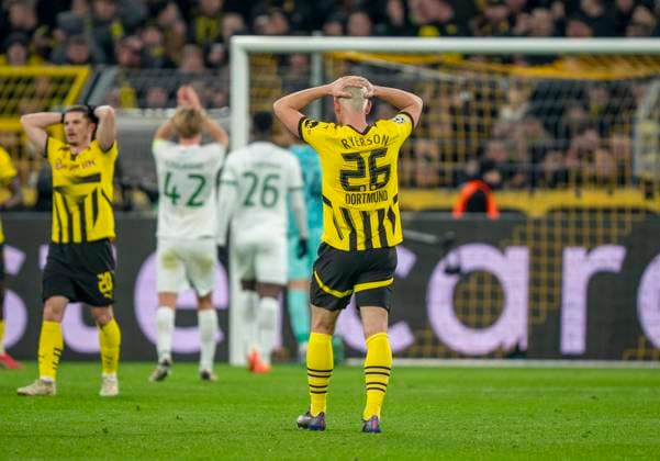 By l n r Marcel Sabitzer Borussia Dortmund, 20 and Julian Ryerson Borussia Dortmund, 26 disappointed Borussia Dortmund vs Sporting CP Lisbon, Football, UEFA Champions League, Play Offs, Second leg, 2024 2025 season, 19 02 2025 DFL regulations prohibit any use of photographs as image sequences and or quasi video Copyright: HMBxMedia xMarcoxBader