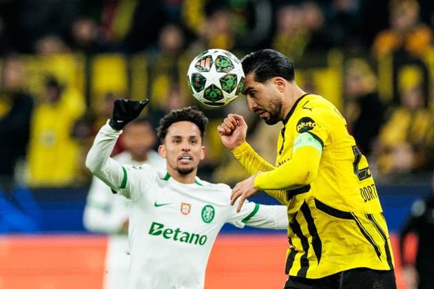 UEFA Champions League Borussia Dortmund Sporting Clube de Portugal Lisbon 19 02 2025 Gabriel Teixeira Sporting Clube de Portugal Lisbon, 30 , header Emre Can Borussia Dortmund, 23 UEFA Champions League Borussia Dortmund Sporting Clube de Portugal Lisbon, Dortmund, SIGNAL IDUNA PARK on 19 02 2025 Copyright: xBEAUTIFULxSPORTS Wunderlx
