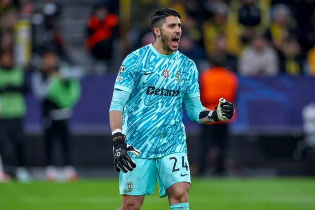 19 02 2025, Football, UEFA Champions League, Borussia Dortmund Sporting Lisbon, Signal Iduna Park, Knockout phase play offs, Season 2024 2025 Goalkeeper Rui Silva Sporting 24 cheering after saving the penalty kick joy jubilation North Rhine-Westphalia Germany