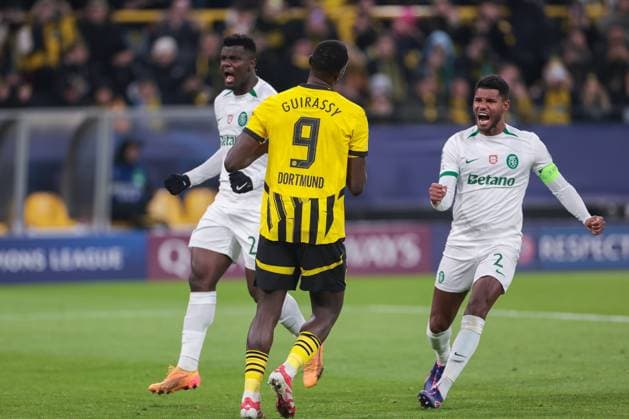 19 02 2025, UEFA Champions League, Play Offs, Borussia Dortmund Sporting Lisbon, f l Ousmane Diomande Sporting Lisbon and Matheus Reis Sporting Lisbon are happy about the missed penalty by Serhou Guirassy Borussia Dortmund , Dortmund Signal Iduna Park NRW Germany xRHR PHOTO DEx Copyright: DennisxEwert RHR-FOTOx RHR-FOTO DE