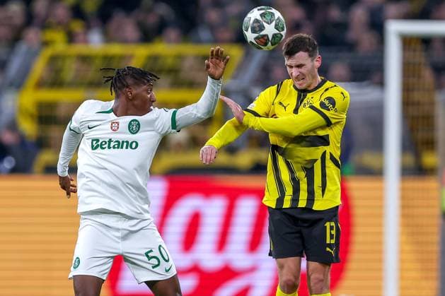 19 02 2025, Football, UEFA Champions League, Borussia Dortmund Sporting Lisbon, Signal Iduna Park, Knockout phase play offs, Season 2024 2025 Alexandre Brito Sporting 50 in a duel against Pascal Groß BVB 13 North Rhine-Westphalia Germany