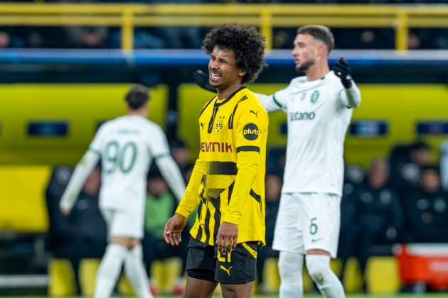 19 02 2025, Borussia Dortmund vs Sporting Lisbon, UEFA Champions League, play-off second leg Dortmunds Karim Adeyemi reacts and is annoyed Important note In accordance with UEFA regulations, it is prohibited to use or have used photographs taken in the stadium and or of the match in the form of sequential images and or video-like photo series Copyright: xBahhoxKarax