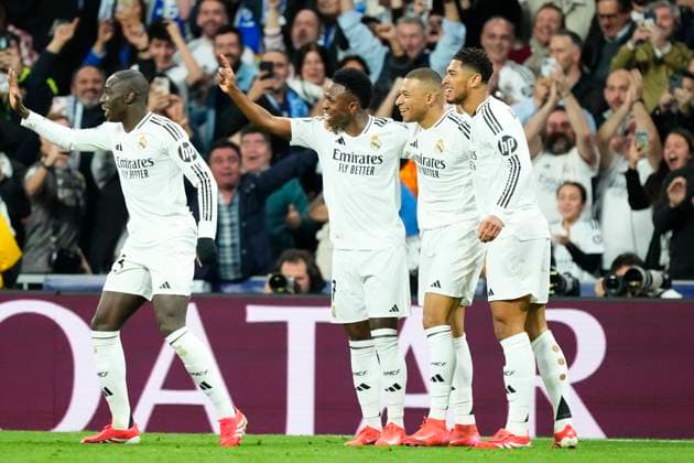 Real Madrid C.F. v Manchester City - UEFA Champions League 2024 25 League Knockout Play-off Second Leg Kylian Mbappe centre-forward of Real Madrid and France celebrates after scoring his sides first goal during the UEFA Champions League 2024 25 League Knockout Play-off second leg match between Real Madrid C.F. and Manchester City at on February 19, 2025 in Madrid, Spain. Madrid Spain  Copyright: xJosexBretonx originalFilename:bretonhernandez-realmadr250219_nphEy.jpg