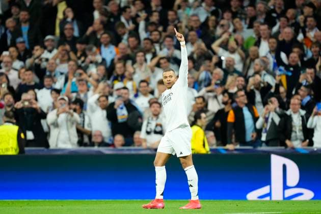 Real Madrid C.F. v Manchester City - UEFA Champions League 2024 25 League Knockout Play-off Second Leg Kylian Mbappe centre-forward of Real Madrid and France celebrates after scoring his sides first goal during the UEFA Champions League 2024 25 League Knockout Play-off second leg match between Real Madrid C.F. and Manchester City at on February 19, 2025 in Madrid, Spain. Madrid Spain  Copyright: xJosexBretonx originalFilename:bretonhernandez-realmadr250219_npl11.jpg