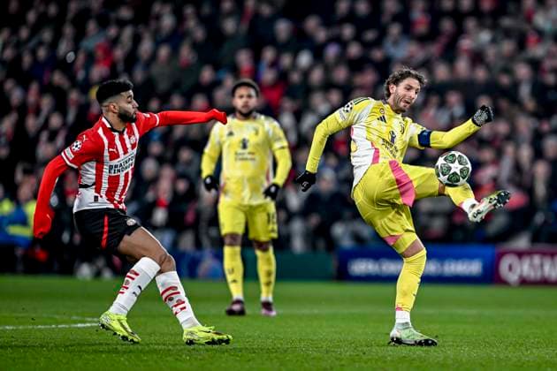 PSV midfielder Ismael Saibari, Juventus midfielder Manuel Locatelli, during the match PSV Juventus at the Philips stadium for the UEFA Champions League Knockout phase play offs 2nd leg season 2024 2025 in EINDHOVEN, Netherlands on 19 february 2025, photo by Stefan Koops EYE4images DeFodi Images Defodi-746