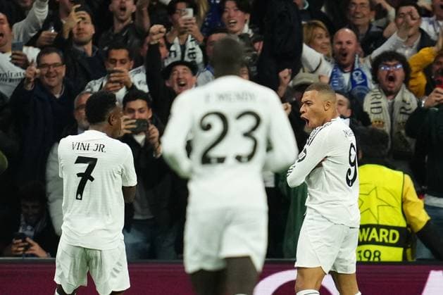 ESP: Real Madrid v Manchester City. UEFA Champions League match. Play off round Kylian Mbappe of Real Madrid celebrates the 1-0 during the UEFA Champions League match, play off round, second leg, between Real Madrid and Manchester City played at Santiago Bernabeu Stadium on Feb 19, 2025 in Madrid Spain. kpng Copyright: xBaguxBlancox xPRESSINPHOTOx PS_250219_RMA_MCI_013