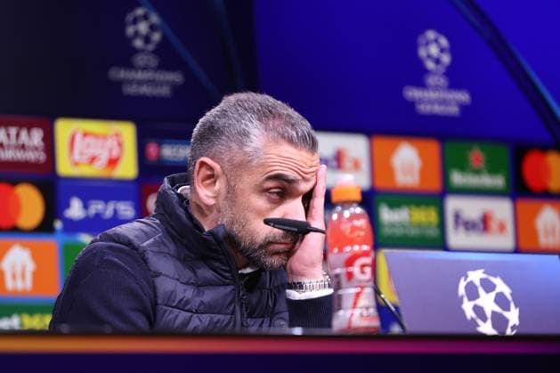 19 02 2025, Football, UEFA Champions League, Borussia Dortmund Sporting Lisbon, Signal Iduna Park, Knockout phase play offs, 2024 2025 season Head coach Rui Borges Sporting visibly disappointed Disappointment at the press conference after the match North Rhine-Westphalia Germany
