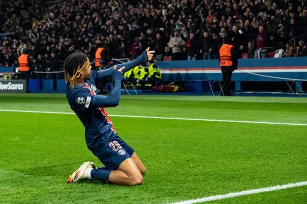 FOOTBALL : Paris SG vs Stade Brestois - Ligue des Champions - Barrage Retour - 19 02 2025 Joie des joueurs du Paris SG aprÃ s le but de Bradley Barcola (Paris SG) ParisFrance  Copyright: xBaptistexAutissierx