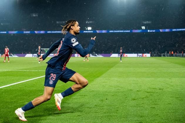 FOOTBALL : Paris SG vs Stade Brestois - Ligue des Champions - Barrage Retour - 19 02 2025 Joie des joueurs du Paris SG aprÃ s le but de Bradley Barcola (Paris SG) ParisFrance  Copyright: xBaptistexAutissierx