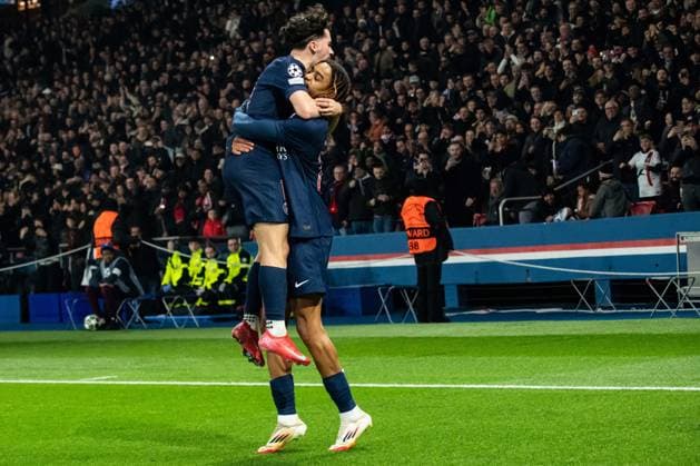 FOOTBALL : Paris SG vs Stade Brestois - Ligue des Champions - Barrage Retour - 19 02 2025 Joie des joueurs du Paris SG aprÃ s le but de Bradley Barcola (Paris SG) ParisFrance  Copyright: xBaptistexAutissierx