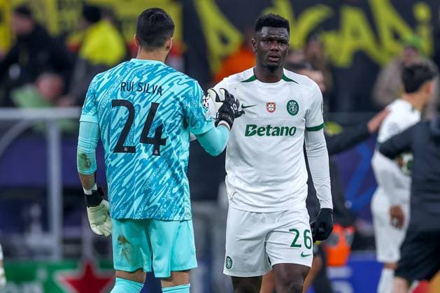 19 02 2025, Football, UEFA Champions League, Borussia Dortmund Sporting Lisbon, Signal Iduna Park, Knockout phase play offs, 2024 2025 season Goalkeeper Rui Silva Sporting 24 together with Ousmane Diomande Sporting 26 North Rhine-Westphalia Germany