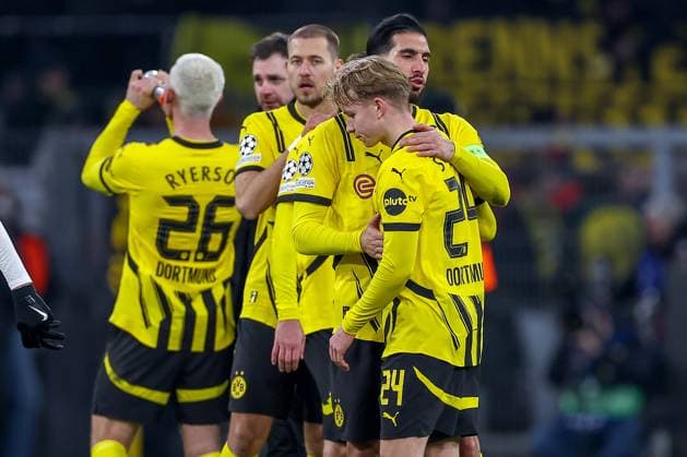 19 02 2025, Football, UEFA Champions League, Borussia Dortmund Sporting Lisbon, Signal Iduna Park, Knockout phase play offs, 2024 2025 season Emre Can BVB 23 together with Daniel Svensson BVB 24 North Rhine-Westphalia Germany