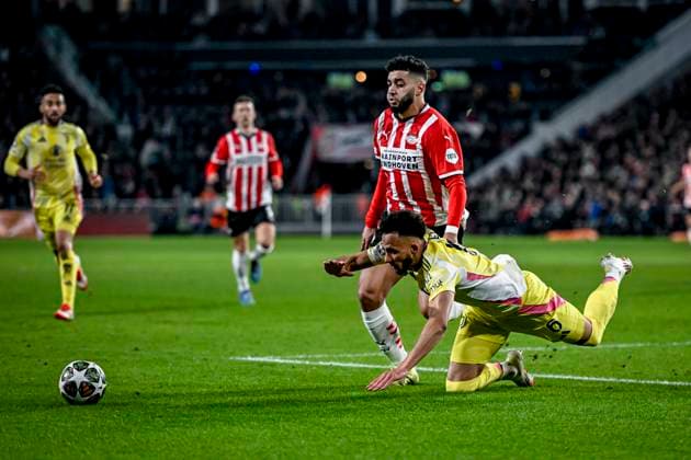 PSV midfielder Ismael Saibari, Juventus defender Lloyd Kelly, during the match PSV Juventus at the Philips stadium for the UEFA Champions League Knockout phase play offs 2nd leg season 2024 2025 in EINDHOVEN, Netherlands on 19 february 2025, photo by Stefan Koops EYE4images DeFodi Images Defodi-746