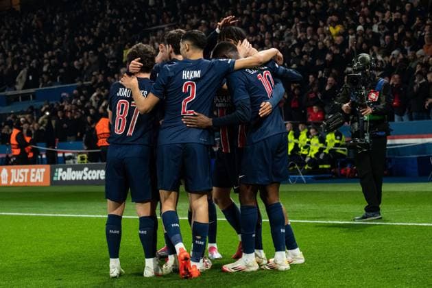 FOOTBALL : Paris SG vs Stade Brestois - Ligue des Champions - Barrage Retour - 19 02 2025 Joie des joueurs du Paris SG aprÃ s le but de Bradley Barcola (Paris SG) ParisFrance  Copyright: xBaptistexAutissierx
