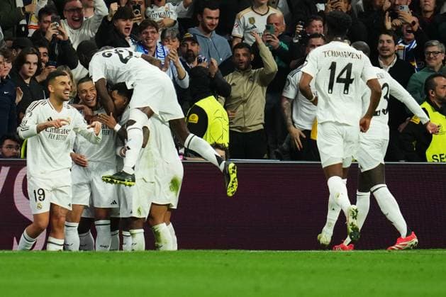 ESP: Real Madrid v Manchester City. UEFA Champions League match. Play off round Kylian Mbappe of Real Madrid celebrates the 2-0 during the UEFA Champions League match, play off round, second leg, between Real Madrid and Manchester City played at Santiago Bernabeu Stadium on Feb 19, 2025 in Madrid Spain. kpng Copyright: xBaguxBlancox xPRESSINPHOTOx PS_250219_RMA_MCI_029