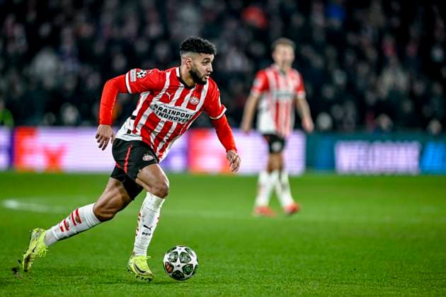 PSV midfielder Ismael Saibari, during the match PSV - Juventus at the Philips stadium for the UEFA Champions League - Knockout phase play-offs - 2nd leg season 2024-2025 in EINDHOVEN, Netherlands on 19 february 2025, (photo by Stefan Koops EYE4images DeFodi Images) Defodi-746