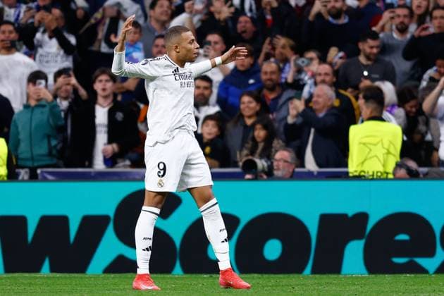 February 19, 2025, Madrid, Madrid, SPAIN: Kylian Mbappe of Real Madrid celebrates a goal during the UEFA Champions League 2024 25 League Knockout Play-off second leg match between Real Madrid CF and Manchester City, at Santiago Bernabeu stadium on February 19, 2025, in Madrid, Spain. Madrid SPAIN - ZUMAa181 20250219_zaa_a181_060 Copyright: xDennisxAgyemanx