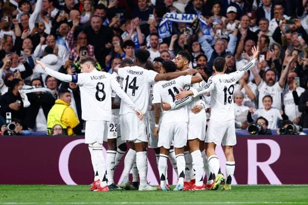 February 19, 2025, Madrid, Madrid, SPAIN: Kylian Mbappe of Real Madrid celebrates a goal with teammates during the UEFA Champions League 2024 25 League Knockout Play-off second leg match between Real Madrid CF and Manchester City, at Santiago Bernabeu stadium on February 19, 2025, in Madrid, Spain. Madrid SPAIN - ZUMAa181 20250219_zaa_a181_036 Copyright: xDennisxAgyemanx