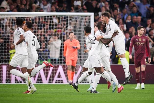 UEFA Champions League soccer match Real Madrid vs Manchester City at Santiago Bernabeu Stadium in Madrid, Spain 19 February 2025 Asencio and Rudiger celebrate a goal of Kylian Mbappe 900 Cordon Press  900 CordonxPress LOF - UEFA Champions League Real Madrid vs Manchester City