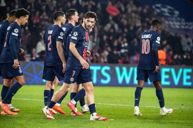 FOOTBALL : Paris SG vs Stade Brestois - Ligue des Champions - Barrage Retour - 19 02 2025 Joie des joueurs du Paris SG aprÃ s le but de Khvicha Kvaratskhelia (Paris SG) ParisFrance  Copyright: xBaptistexAutissierx
