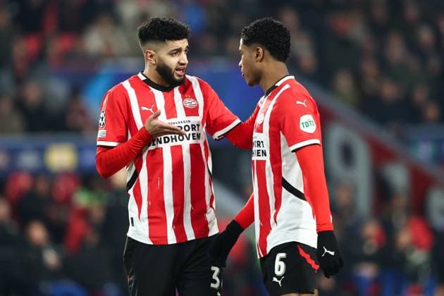 EINDHOVEN, 19-02-2025, Philips Stadium, UEFA Champions League season 2024 25, match between PSV and Juventus, PSV player Ismael Saibari, PSV player Ryan Flamingo PSV - Juventus  x27943870x Copyright: