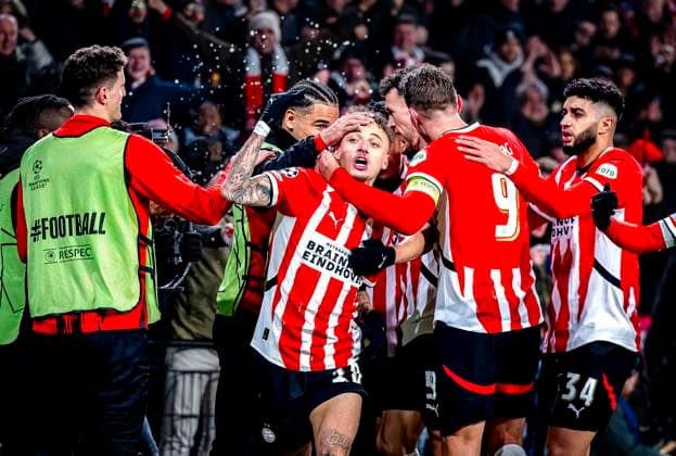 PSV Eindhoven forwarder Ivan Perisic scores the 1 0 and celebrating the goal during the match PSV Juventus at the Philips stadium for the UEFA Champions League Knockout phase play offs 2nd leg season 2024 2025 in EINDHOVEN, Netherlands on 19 february 2025, photo by Marcel van Dorst EYE4images DeFodi Images Defodi-746
