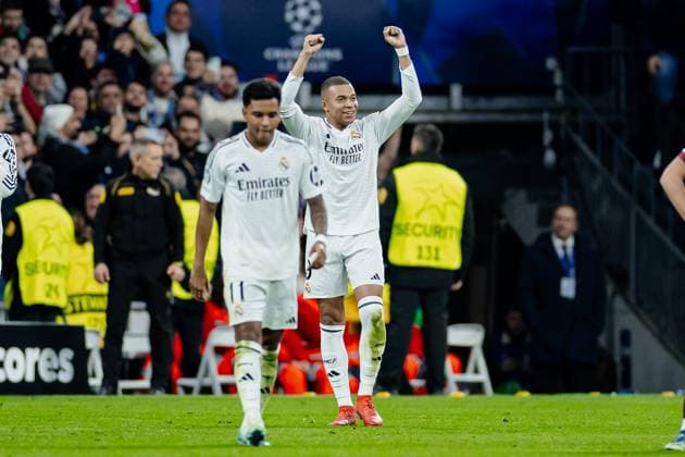 Real Madrid CF vs Manchester City - UEFA Champions League - 19 02 2025 Kylian Mbappe of Real Madrid CF celebrates his goal during the UEFA Champions League match between Real Madrid CF and Manchester City at Estadio Santiago Bernabeu on February 19, 2025 in Madrid, Spain. Madrid Spain Copyright: xPGSxPhotoxAgencyx