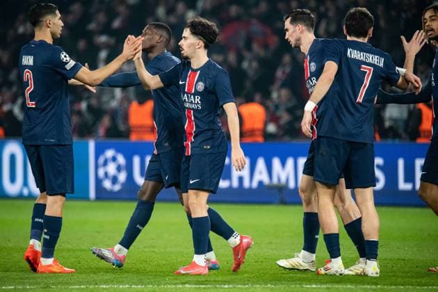 FOOTBALL : Paris SG vs Stade Brestois - Ligue des Champions - Barrage Retour - 19 02 2025 Joie des joueurs du Paris SG aprÃ s le but de Vitinha (Paris SG) ParisFrance  Copyright: xBaptistexAutissierx