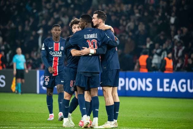 FOOTBALL : Paris SG vs Stade Brestois - Ligue des Champions - Barrage Retour - 19 02 2025 Joie des joueurs du Paris SG aprÃ s le but de Vitinha (Paris SG) ParisFrance  Copyright: xBaptistexAutissierx