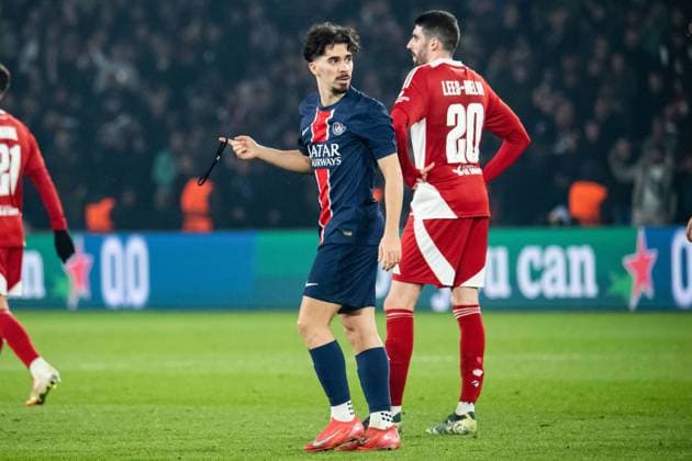 FOOTBALL : Paris SG vs Stade Brestois - Ligue des Champions - Barrage Retour - 19 02 2025 Joie des joueurs du Paris SG aprÃ s le but de Vitinha (Paris SG) ParisFrance  Copyright: xBaptistexAutissierx