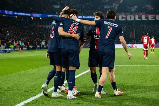 FOOTBALL : Paris SG vs Stade Brestois - Ligue des Champions - Barrage Retour - 19 02 2025 Joie des joueurs du Paris SG aprÃ s le but de Desire Doue (Paris SG) ParisFrance  Copyright: xBaptistexAutissierx