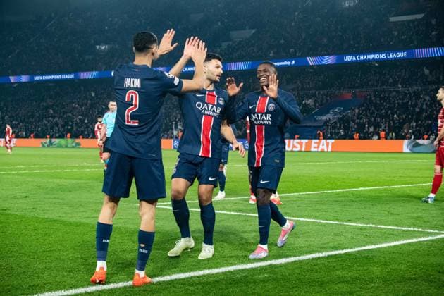 FOOTBALL : Paris SG vs Stade Brestois - Ligue des Champions - Barrage Retour - 19 02 2025 Joie des joueurs du Paris SG aprÃ s le but de Nuno Mendes (Paris SG) ParisFrance  Copyright: xBaptistexAutissierx