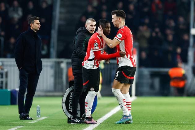 EINDHOVEN, 19-02-2025, Philips Stadium, UEFA Champions League season 2024 25, match between PSV and Juventus, PSV player Johan Bakayoko, PSV player Ivan Perisic PSV - Juventus  x27944713x Copyright: