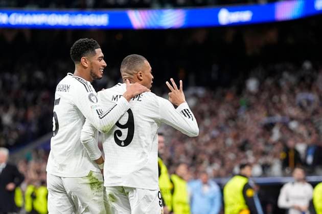 February 19, 2025, Madrid, Madrid, SPAIN: Kylian Mbappe of Real Madrid celebrates a goal during the UEFA Champions League 2024 25 League Knockout Play-off second leg match between Real Madrid CF and Manchester City, at Santiago Bernabeu stadium on February 19, 2025, in Madrid, Spain. Madrid SPAIN - ZUMAa181 20250219_zaa_a181_125 Copyright: xOscarxJ.xBarrosox