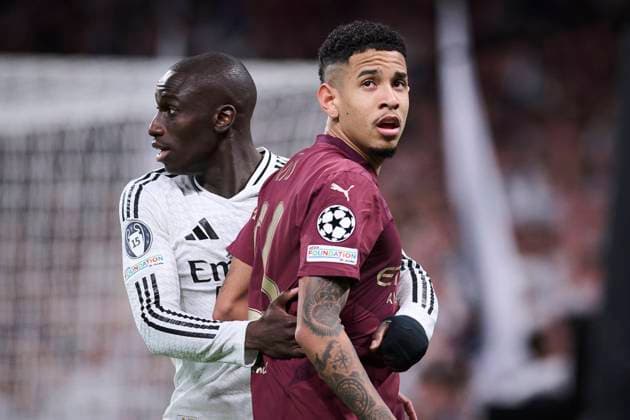 UEFA Champions League soccer match Real Madrid vs Manchester City at Santiago Bernabeu Stadium in Madrid, Spain 19 February 2025 Mendy and Savinho 900 Cordon Press  900 CordonxPress LOF - UEFA Champions League Real Madrid vs Manchester City