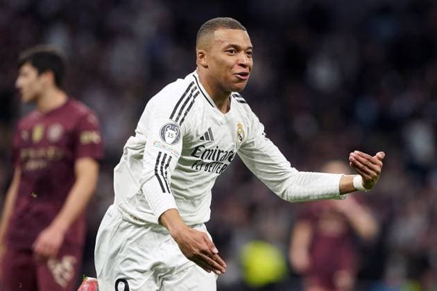 REAL MADRID CF v MANCHERSTER CITY FC. CHAMPIONS LEAGUE 2024 2025. KNOCKOUT PHASE PLAY-OFFS. 2ND LEG MATCH. Real Madrid CF s Kylian Mbappe celebrates goal during Champions League 2024 2025 Knockout phase play-offs 2nd leg match. February 19,2025. (ALTERPHOTOS Acero) MadridSpain  Copyright: xAcerox