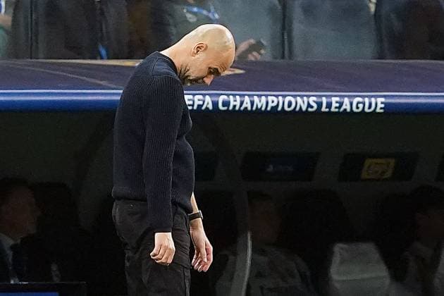 REAL MADRID CF v MANCHERSTER CITY FC. CHAMPIONS LEAGUE 2024 2025. KNOCKOUT PHASE PLAY-OFFS. 2ND LEG MATCH. Manchester City FC s coach Pep Guardiola dejected during Champions League 2024 2025 Knockout phase play-offs 2nd leg match. February 19,2025. (ALTERPHOTOS Acero) MadridSpain  Copyright: xAcerox